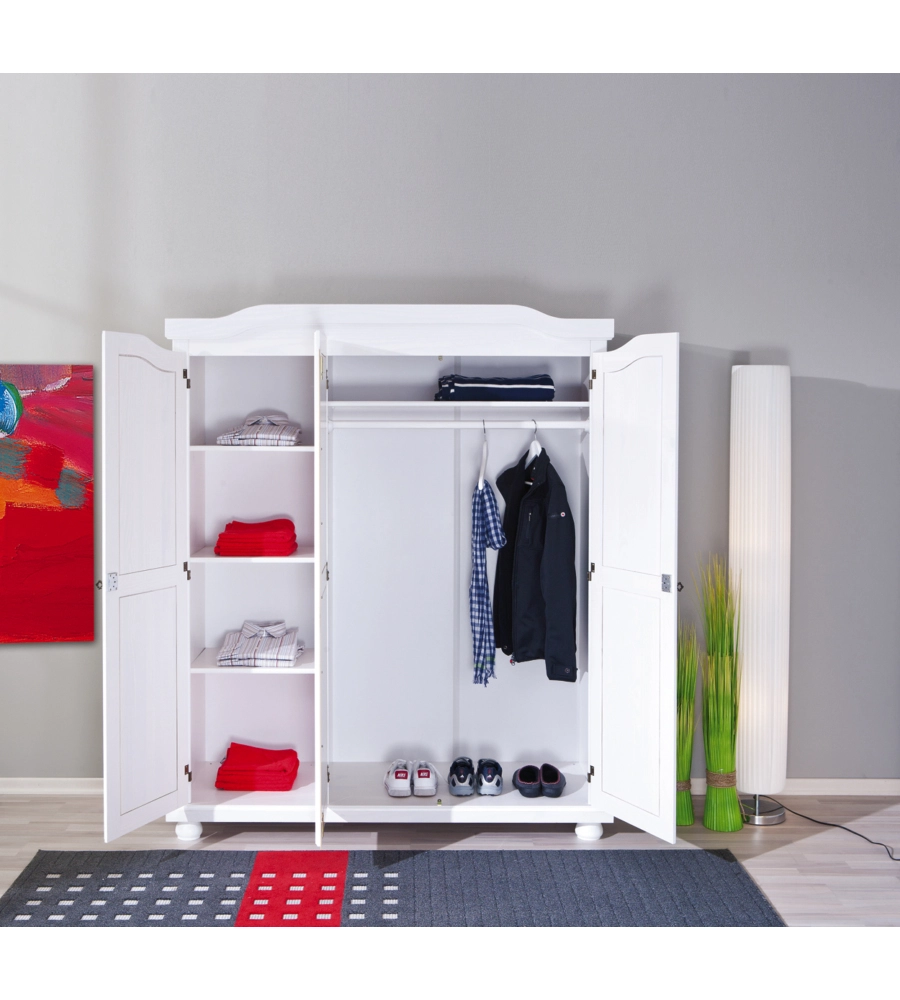 ARMADIO 3 ANTE IN LEGNO MASSELLO, BIANCO, 150X180X56 CM