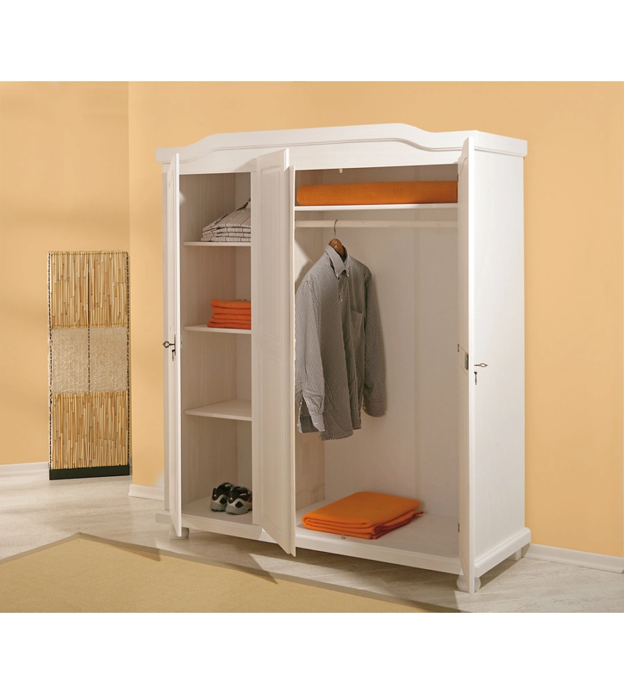 ARMADIO 3 ANTE IN LEGNO MASSELLO, BIANCO, 150X180X56 CM