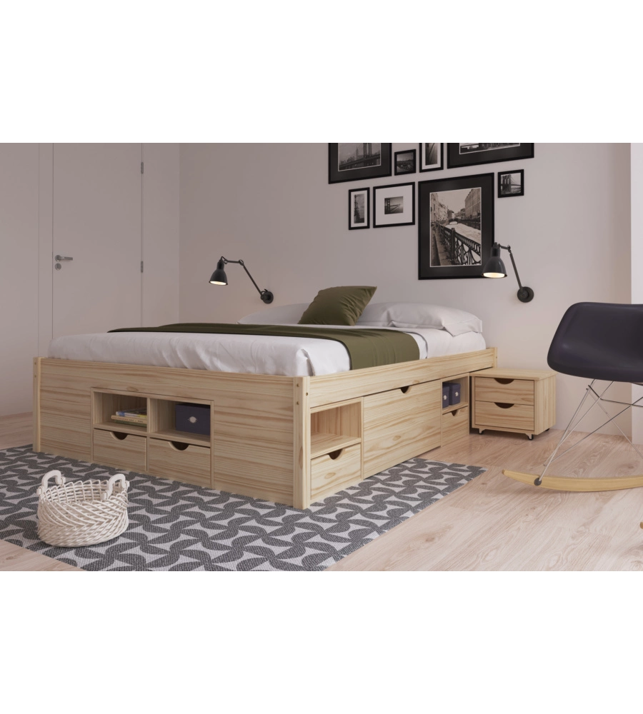 LETTO MATRIMONIALE IN LEGNO CON CONTENITORI E COMODINI ESTRAIBILI 166X209X47,5 CM