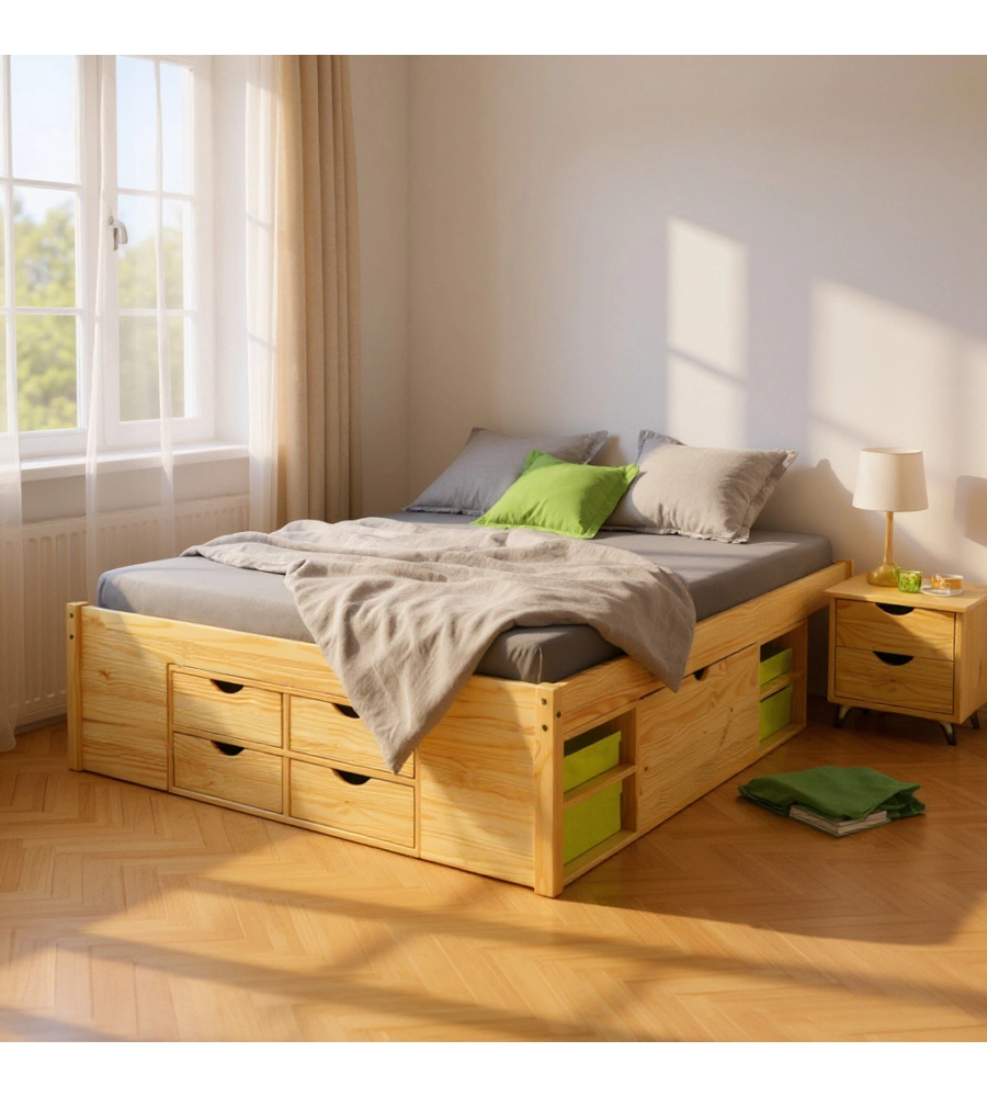 LETTO MATRIMONIALE IN LEGNO CON CONTENITORI E COMODINI ESTRAIBILI 166X209X47,5 CM