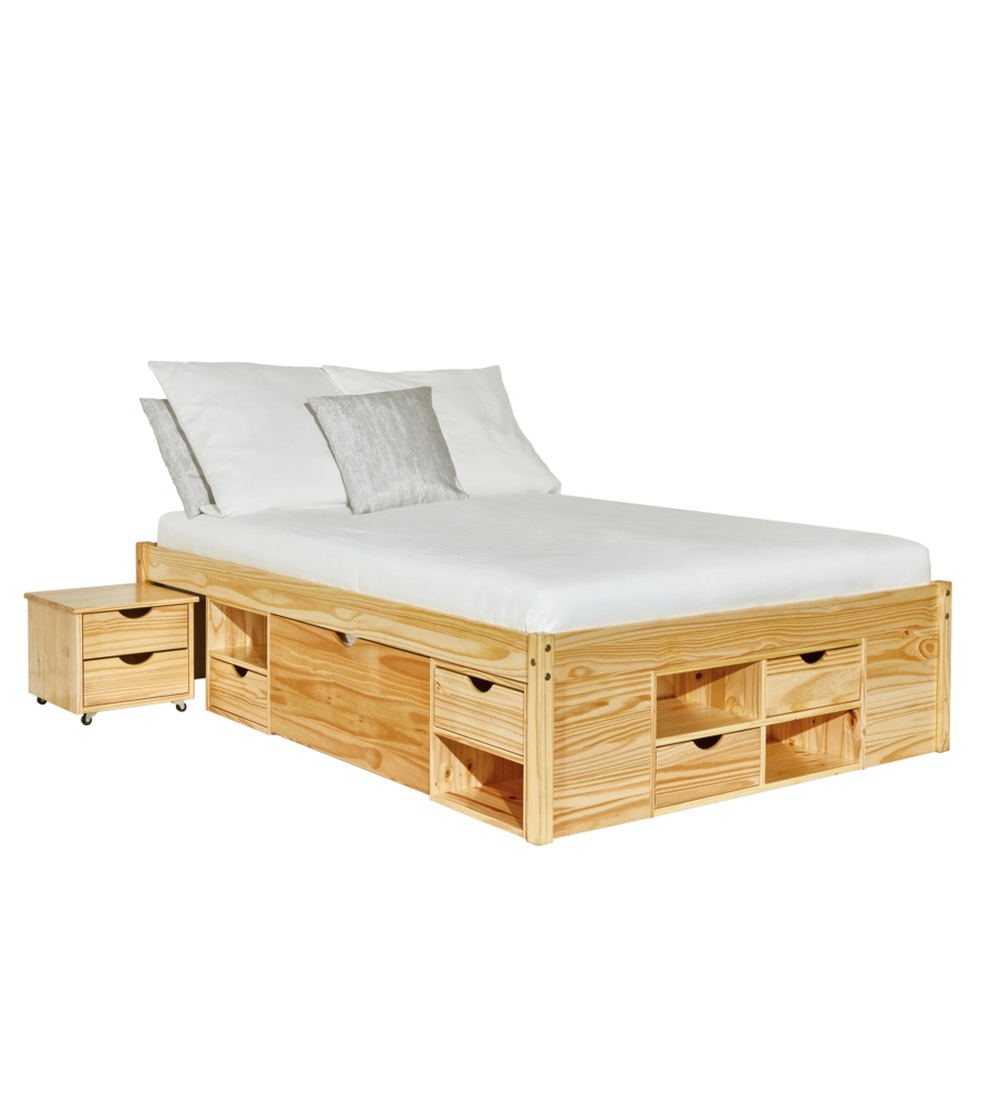 LETTO MATRIMONIALE IN LEGNO CON CONTENITORI E COMODINI ESTRAIBILI 166X209X47,5 CM