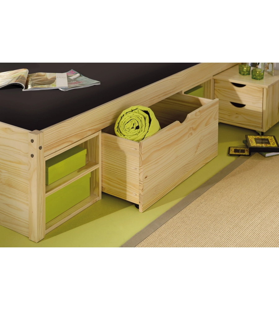 LETTO MATRIMONIALE IN LEGNO CON CONTENITORI E COMODINI ESTRAIBILI 166X209X47,5 CM
