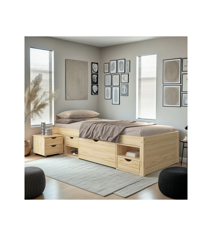 LETTO SINGOLO CON CONTENITORI E COMODINO ESTRAIBILE IN PINO MASSELLO 96X47.5X2.09 CM