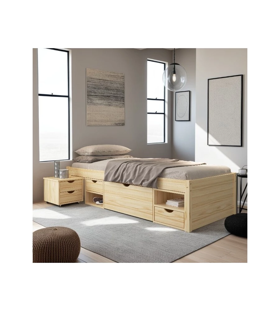 LETTO SINGOLO CON CONTENITORI E COMODINO ESTRAIBILE IN PINO MASSELLO 96X47.5X2.09 CM