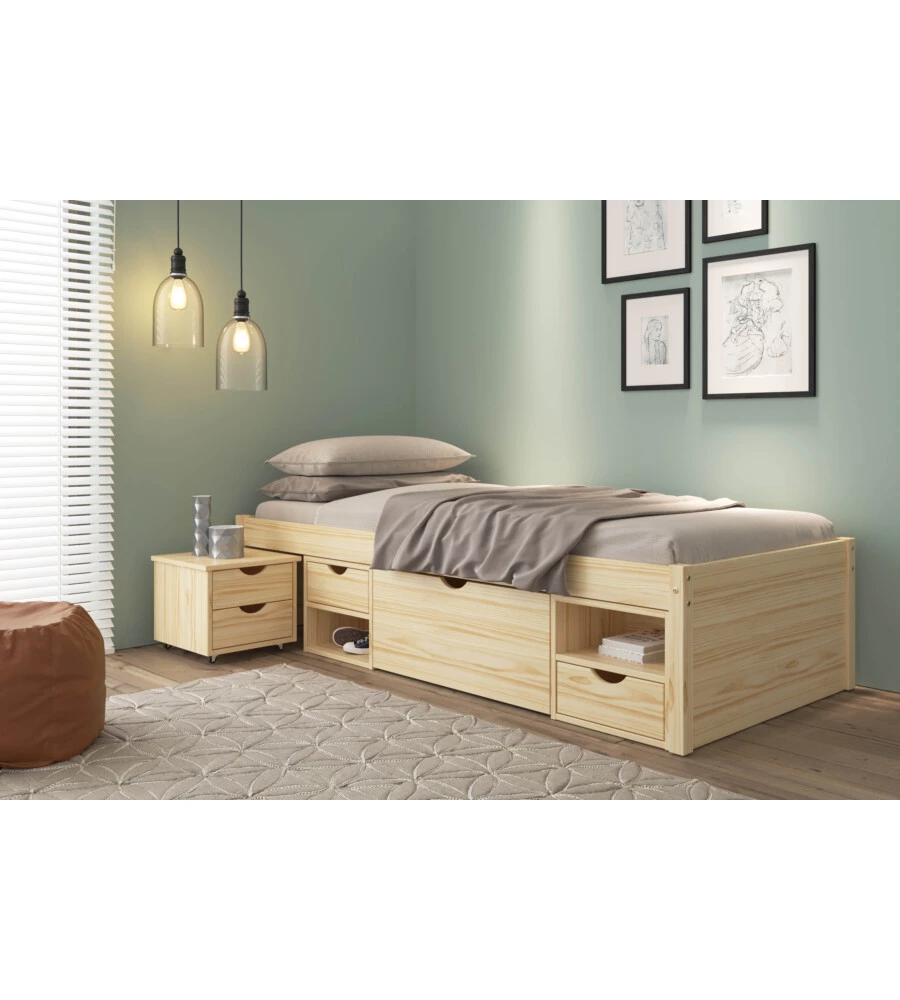 LETTO SINGOLO CON CONTENITORI E COMODINO ESTRAIBILE IN PINO MASSELLO 96X47.5X2.09 CM