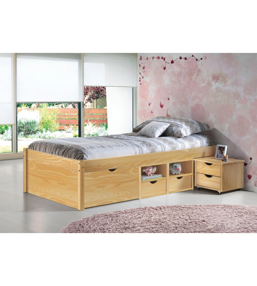 LETTO SINGOLO CON CONTENITORI E COMODINO ESTRAIBILE IN PINO MASSELLO 96X47.5X2.09 CM