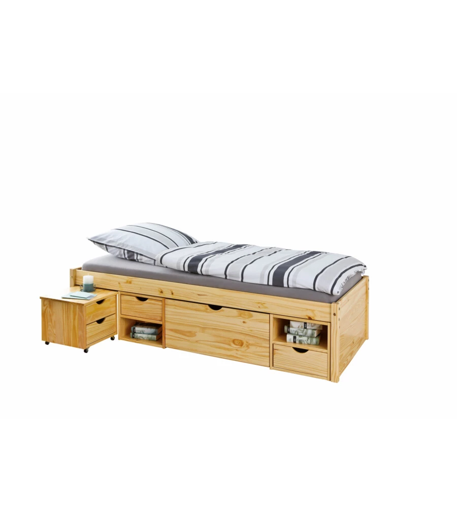 LETTO SINGOLO CON CONTENITORI E COMODINO ESTRAIBILE IN PINO MASSELLO 96X47.5X2.09 CM
