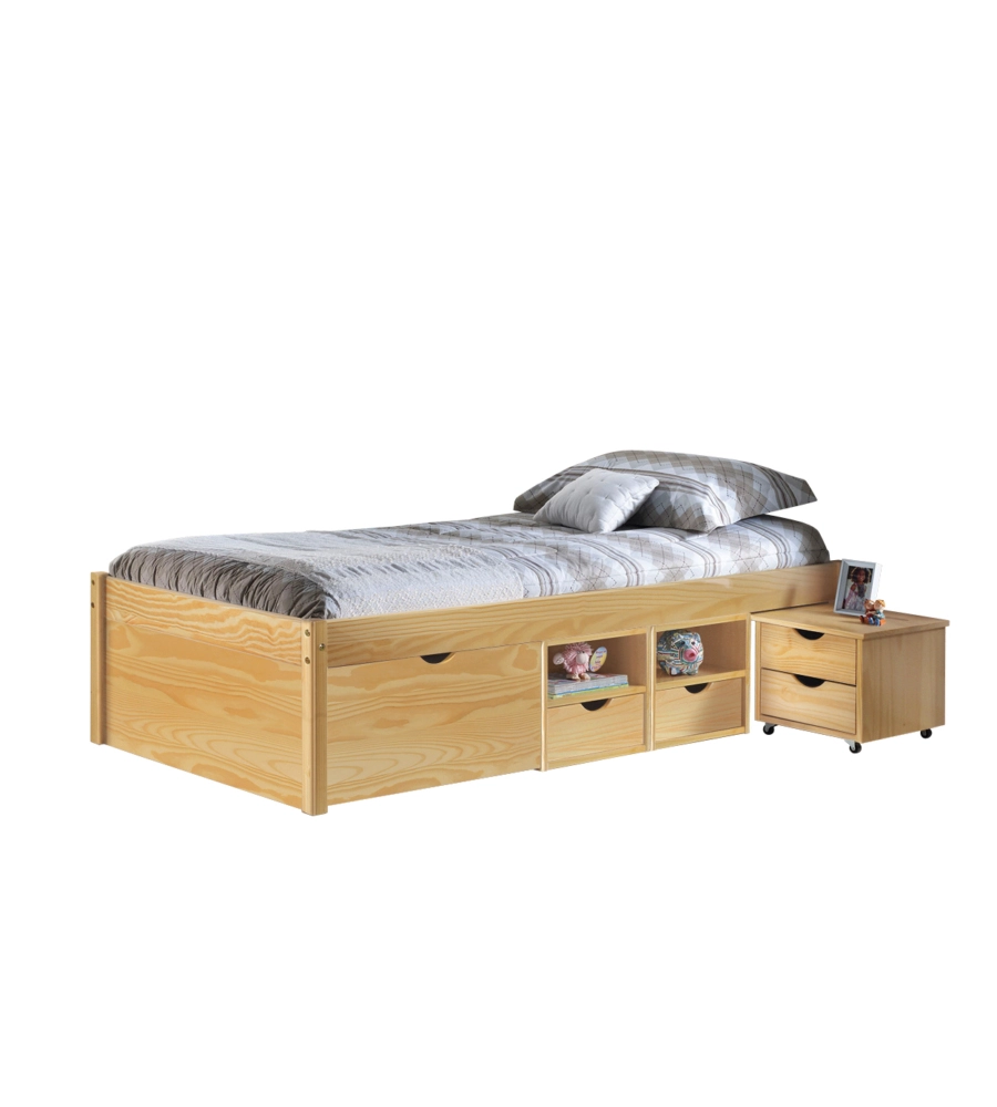LETTO SINGOLO CON CONTENITORI E COMODINO ESTRAIBILE IN PINO MASSELLO 96X47.5X2.09 CM