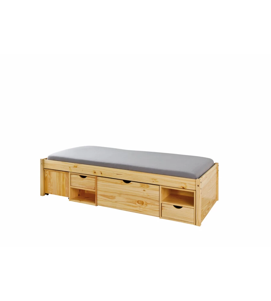 LETTO SINGOLO CON CONTENITORI E COMODINO ESTRAIBILE IN PINO MASSELLO 96X47.5X2.09 CM