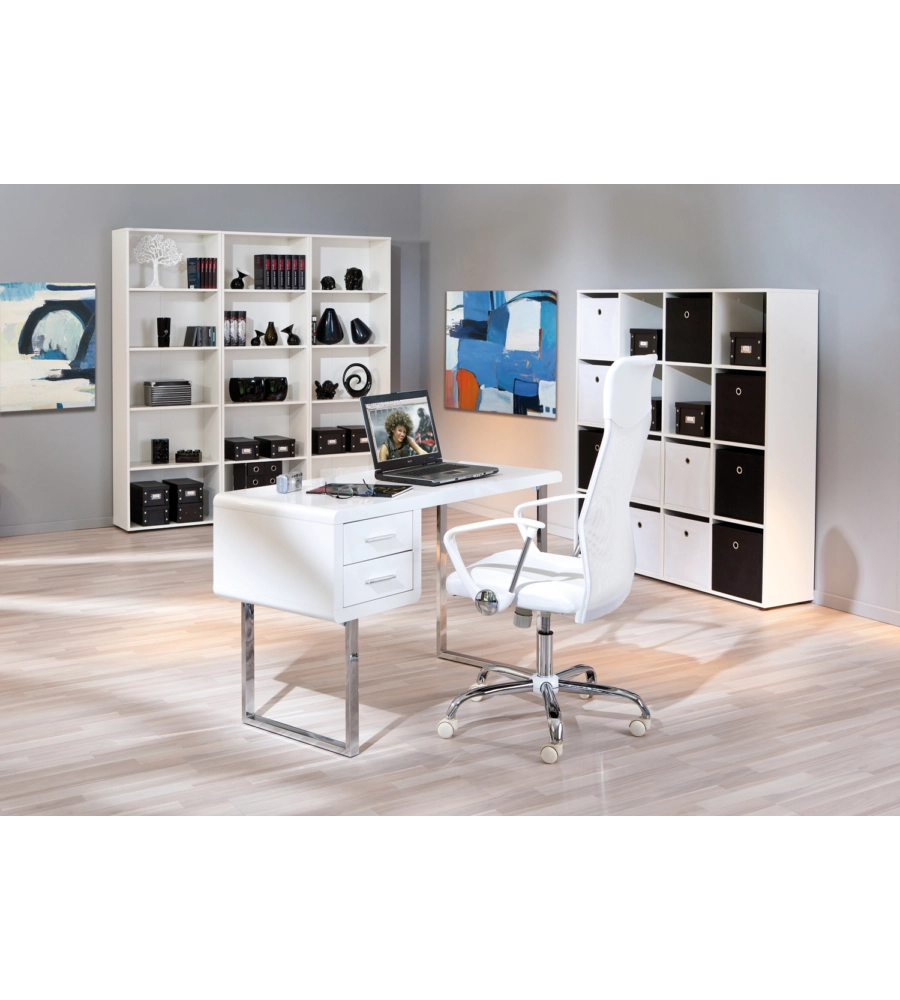 SCRIVANIA MDF LACCATO BIANCO LUCIDO CON CASSETTI, 120X55X76 CM