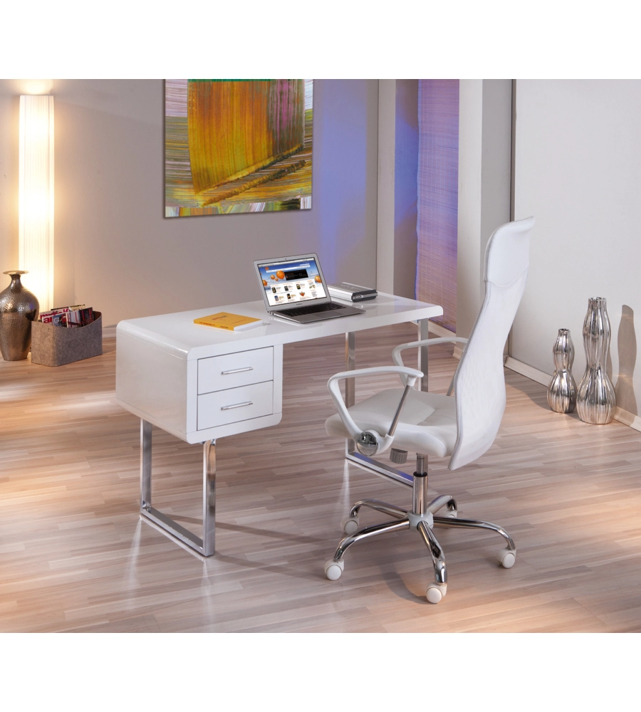 SCRIVANIA MDF LACCATO BIANCO LUCIDO CON CASSETTI, 120X55X76 CM
