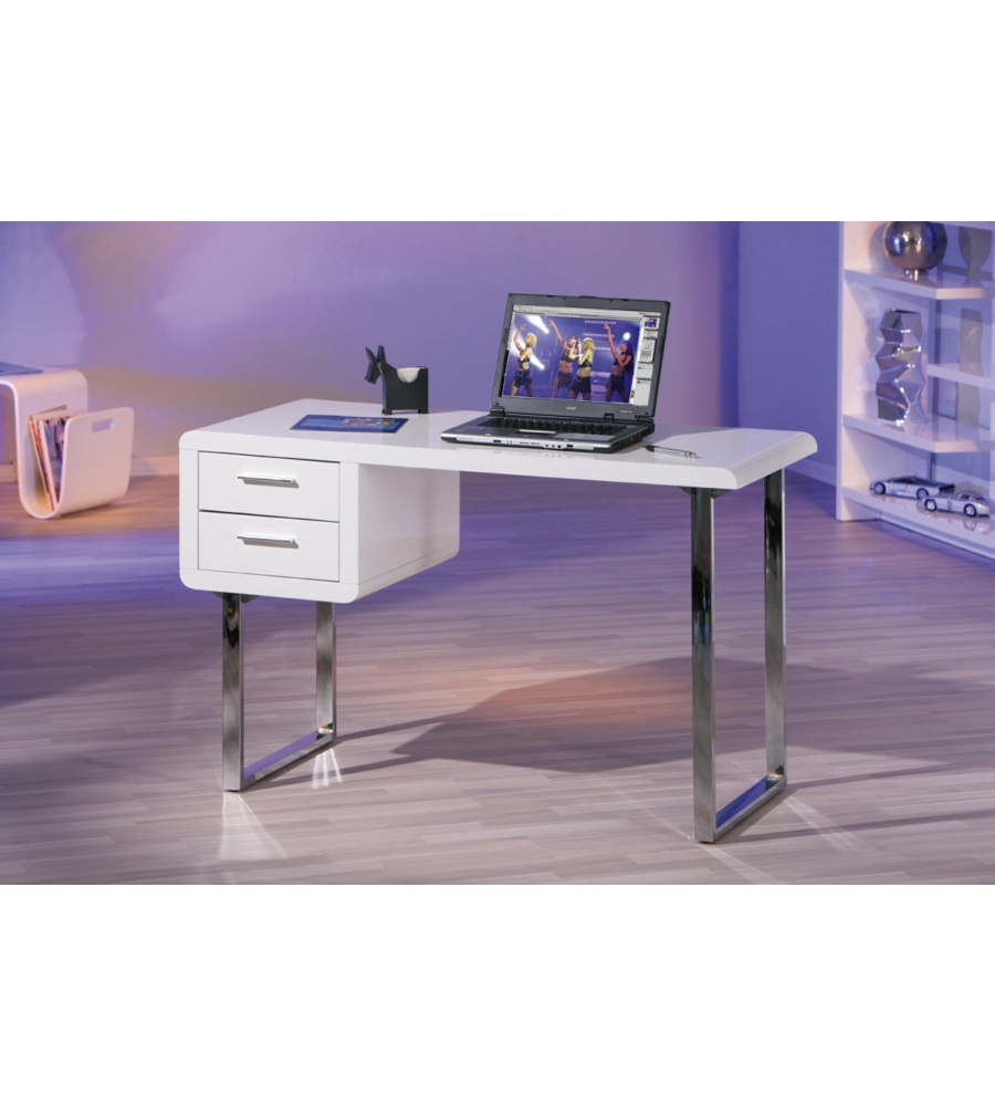 SCRIVANIA MDF LACCATO BIANCO LUCIDO CON CASSETTI, 120X55X76 CM