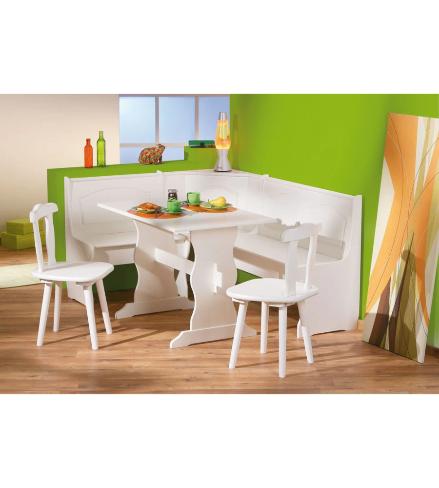 TAVOLO PANCA E 2 SEDIE IN PINO MASSELLO BIANCO,  124/146X49X86 CM