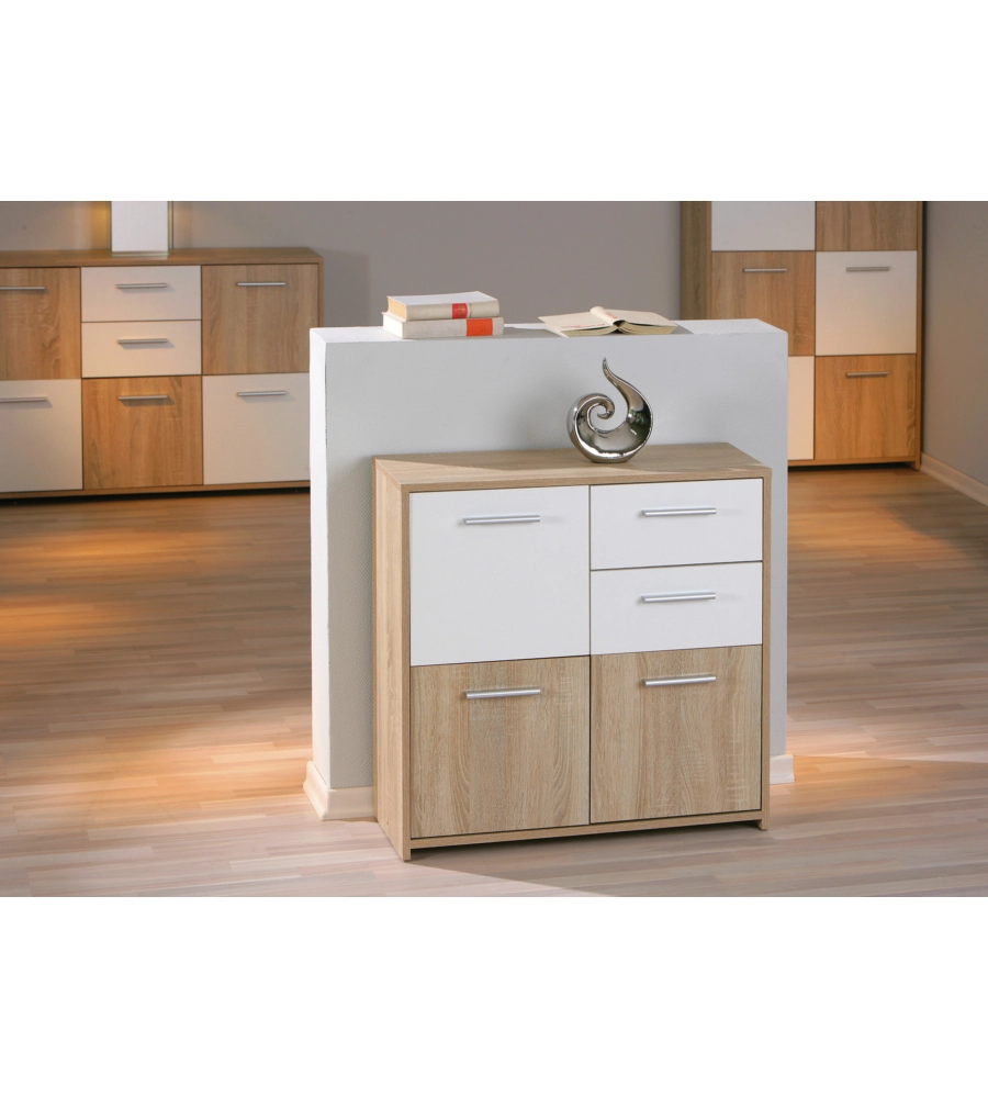 CREDENZA BUFFET 2 CASSETTI E 3 ANTE ROVERE E BIANCO, 77X30X77 CM