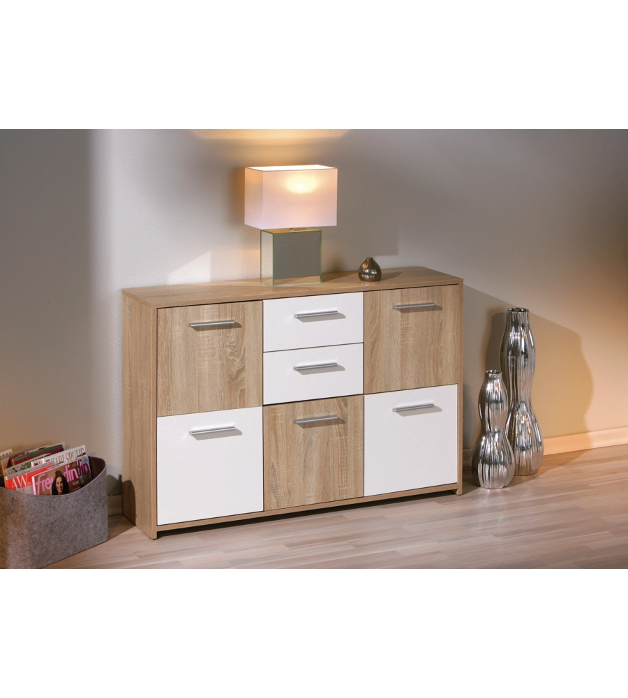 CREDENZA BUFFET 2 CASSETTI E 5 ANTE ROVERE E BIANCO, 115X30X77 CM