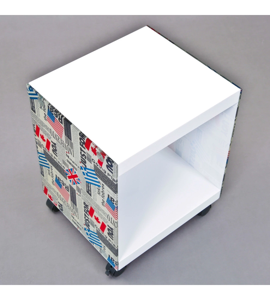 TAVOLINO BIANCO CON VETRO FANTASIA CON BANDIERE, 38X33,5X46 CM