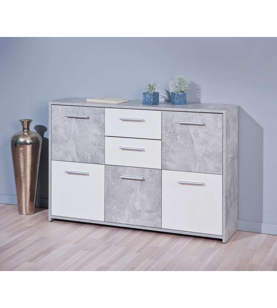 BUFFET 5 ANTE E 2 CASSETTI MARMO E BIANCO OPACO, 115X30X77 CM