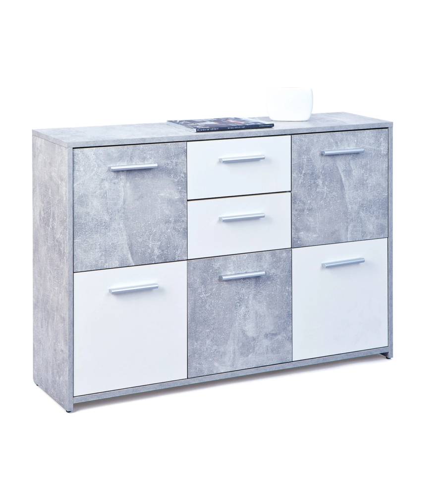 BUFFET 5 ANTE E 2 CASSETTI MARMO E BIANCO OPACO, 115X30X77 CM