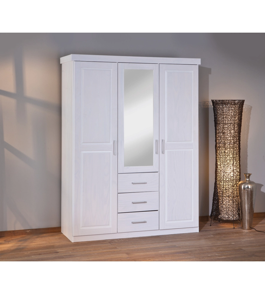 ARMADIO 3 ANTE, 3 CASSETTI E SPECCHIO BIANCO, 140X190X55 CM