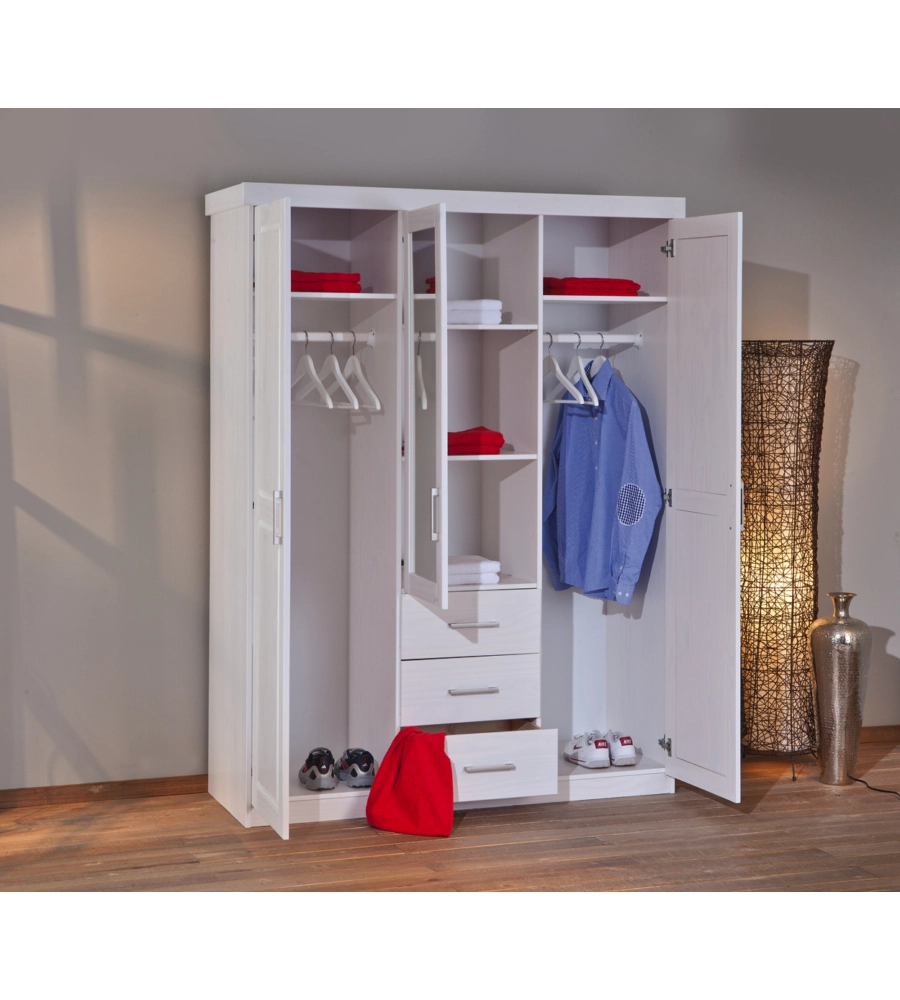 ARMADIO 3 ANTE, 3 CASSETTI E SPECCHIO BIANCO, 140X190X55 CM