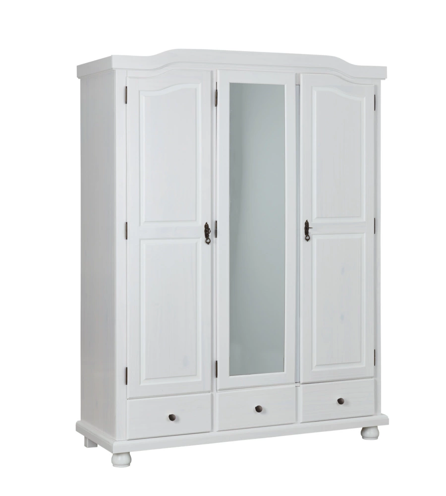 ARMADIO 3 ANTE + 3 CASSETTI IN PINO MASSELLO BIANCO, 150X56X200 CM