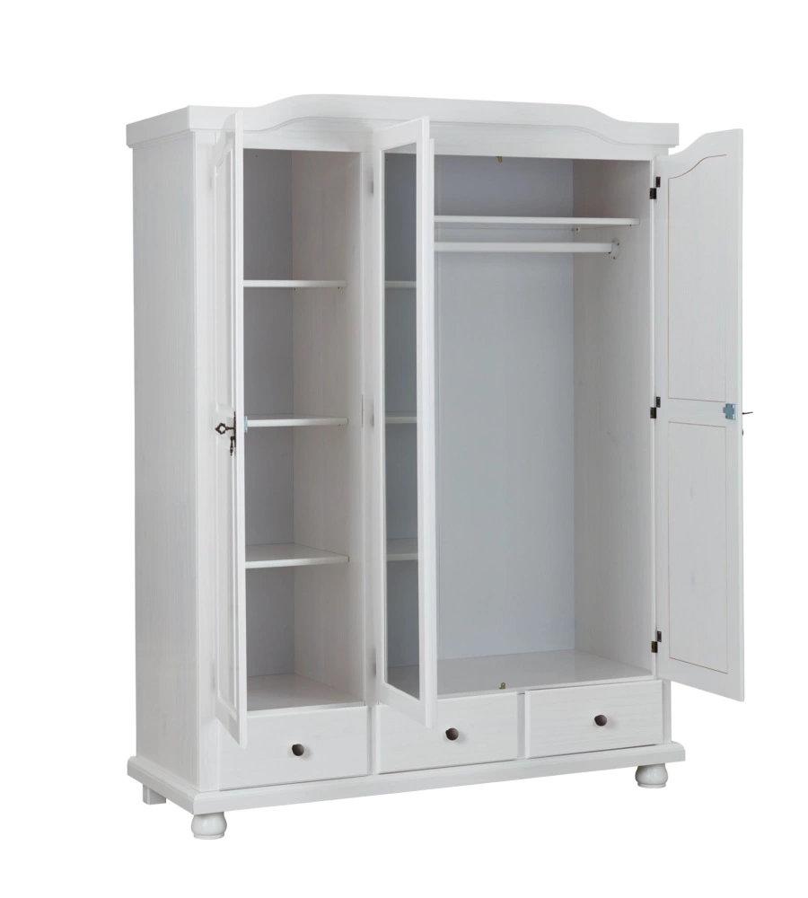 ARMADIO 3 ANTE + 3 CASSETTI IN PINO MASSELLO BIANCO, 150X56X200 CM