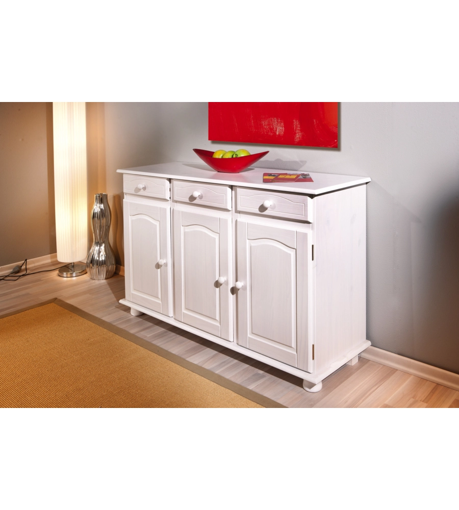 BUFFET 3 ANTE E 3 CASSETTI IN PINO MASSELLO BIANCO, 130X43X87 CM