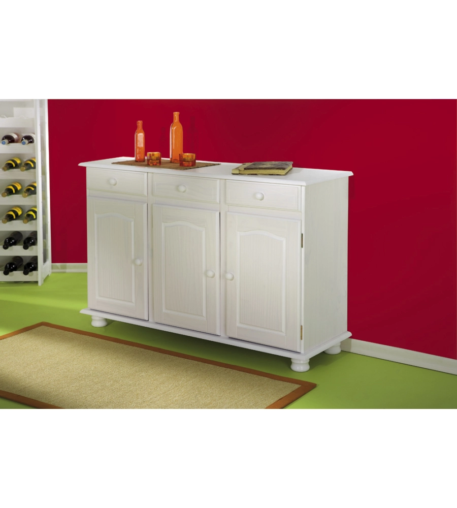 BUFFET 3 ANTE E 3 CASSETTI IN PINO MASSELLO BIANCO, 130X43X87 CM