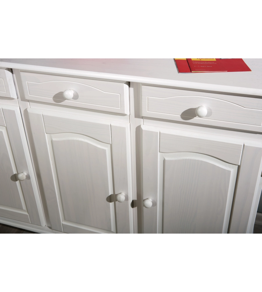 BUFFET 3 ANTE E 3 CASSETTI IN PINO MASSELLO BIANCO, 130X43X87 CM