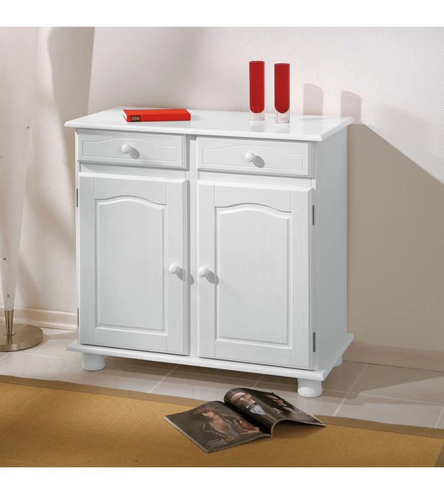 BUFFET IN PINO MASSELLO BIANCO CON 2 ANTE E 2 CASSETTI, 88X43X87 CM