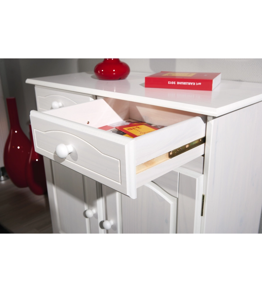 BUFFET IN PINO MASSELLO BIANCO CON 2 ANTE E 2 CASSETTI, 88X43X87 CM