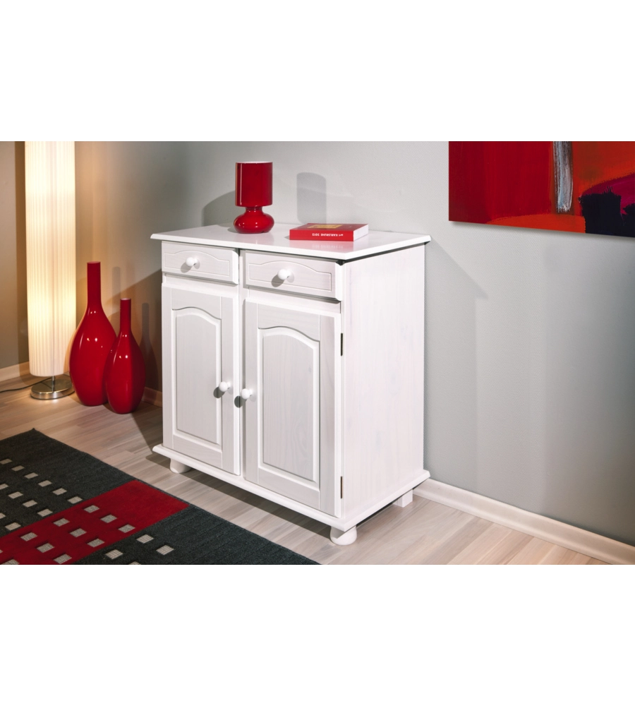 BUFFET IN PINO MASSELLO BIANCO CON 2 ANTE E 2 CASSETTI, 88X43X87 CM