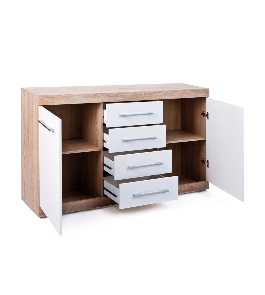 BUFFET 2 ANTE E 4 CASSETTI ROVERE E BIANCO LACCATO, 155X40X87 CM