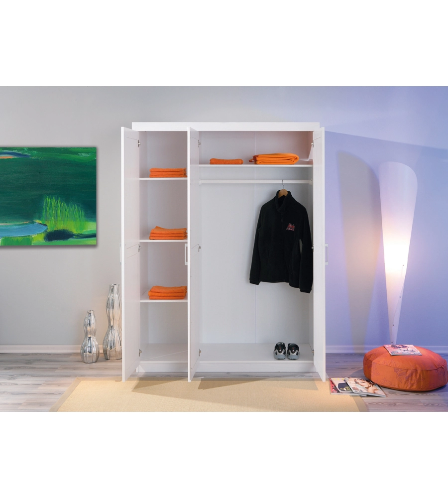 ARMADIO 3 ANTE BATTENTI IN PINO MASSELLO BIANCO 140X55X190 CM