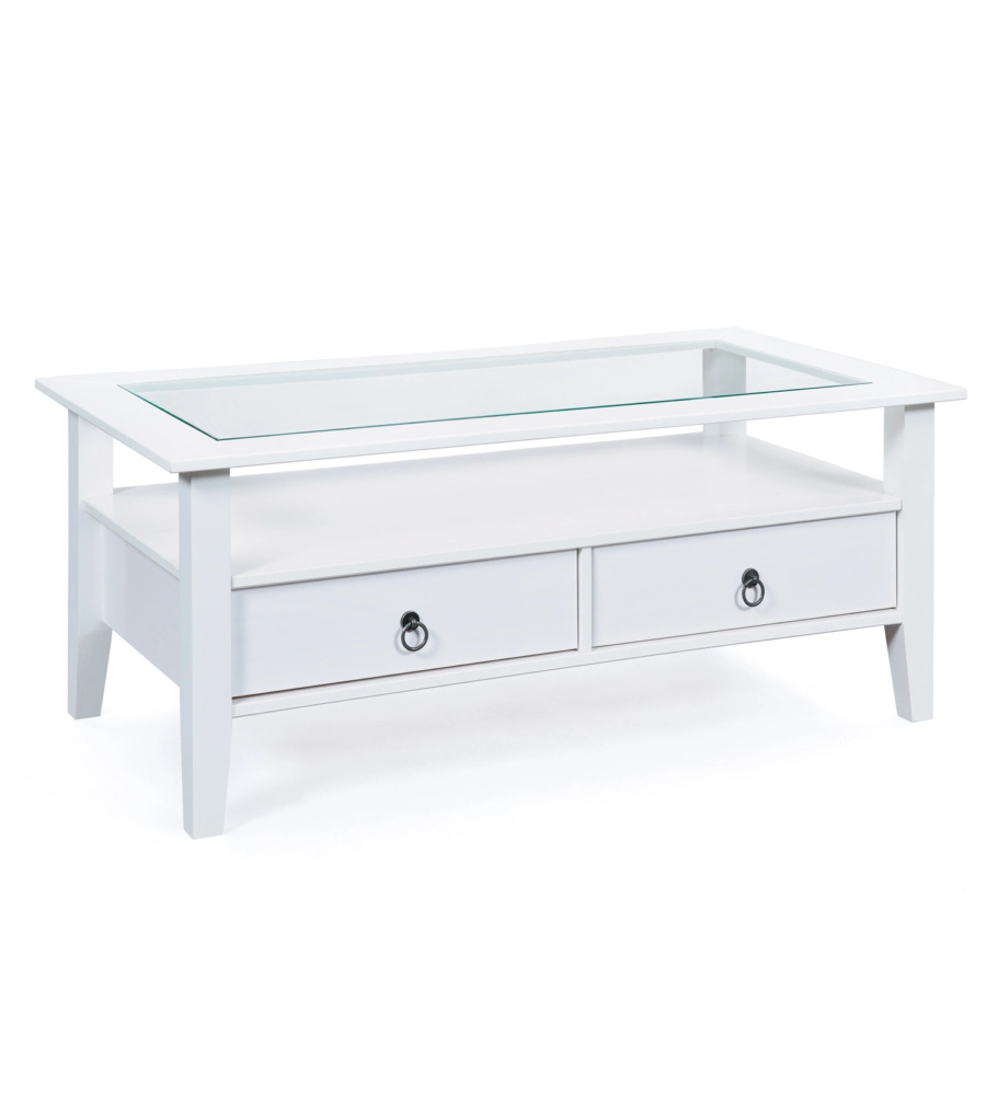TAVOLINO IN LEGNO CON PIANO VETRO E 2 CASSETTI, 115X45X60 CM