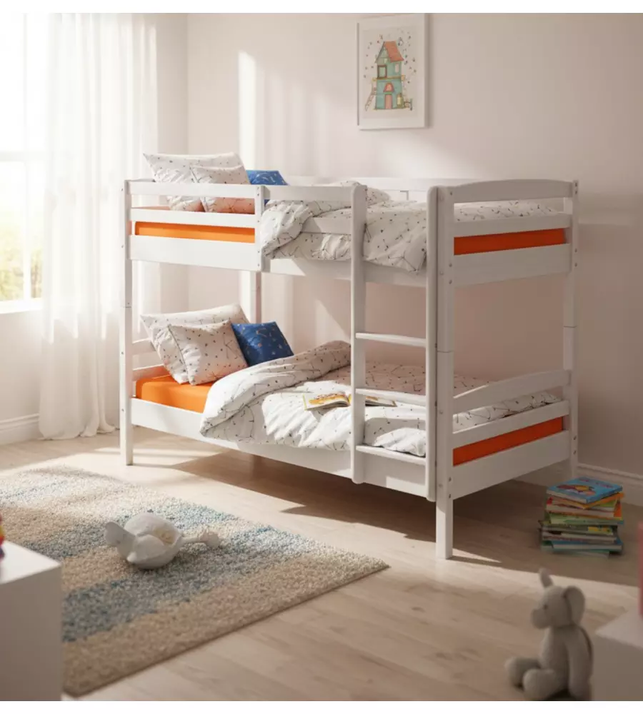 Letto a castello in pino massello  "Annika" verniciato ad acqua bianco 90x190cm