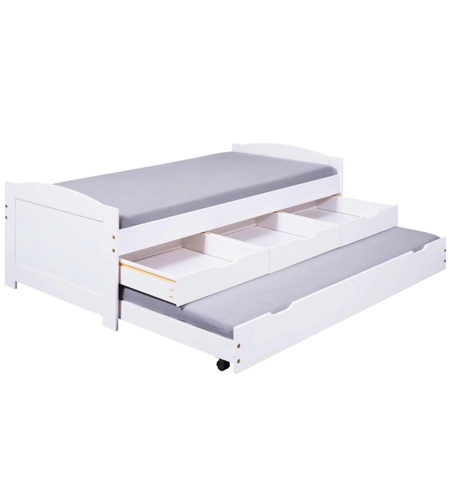 LETTO SINGOLO CON CASSETTI E CONTENITORE IN PINO MASSELLO 98X195X63 CM