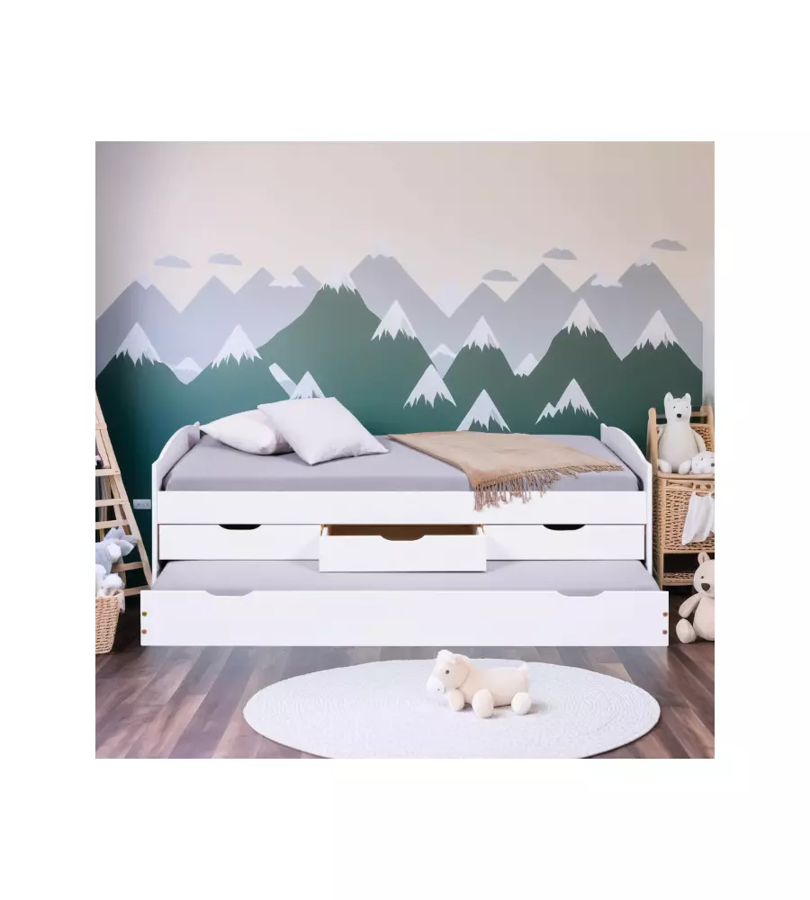 LETTO SINGOLO CON CASSETTI E CONTENITORE IN PINO MASSELLO 98X195X63 CM