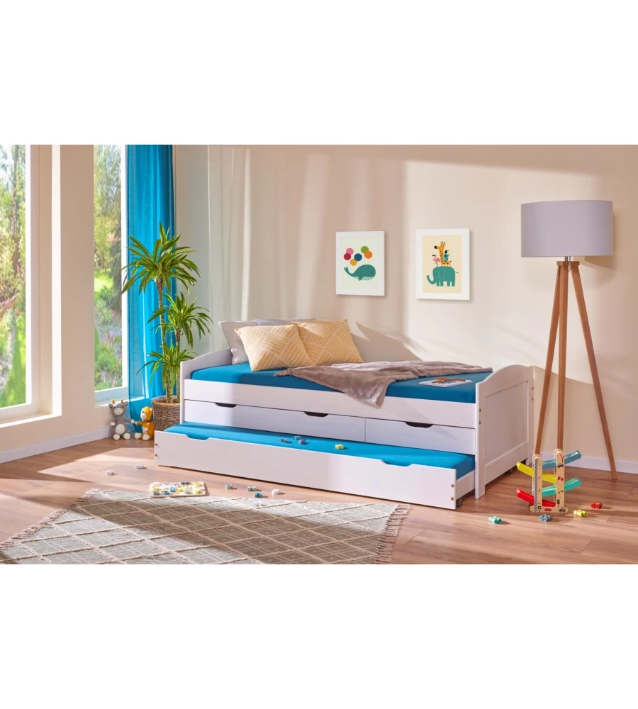 LETTO SINGOLO CON CASSETTI E CONTENITORE IN PINO MASSELLO 98X195X63 CM