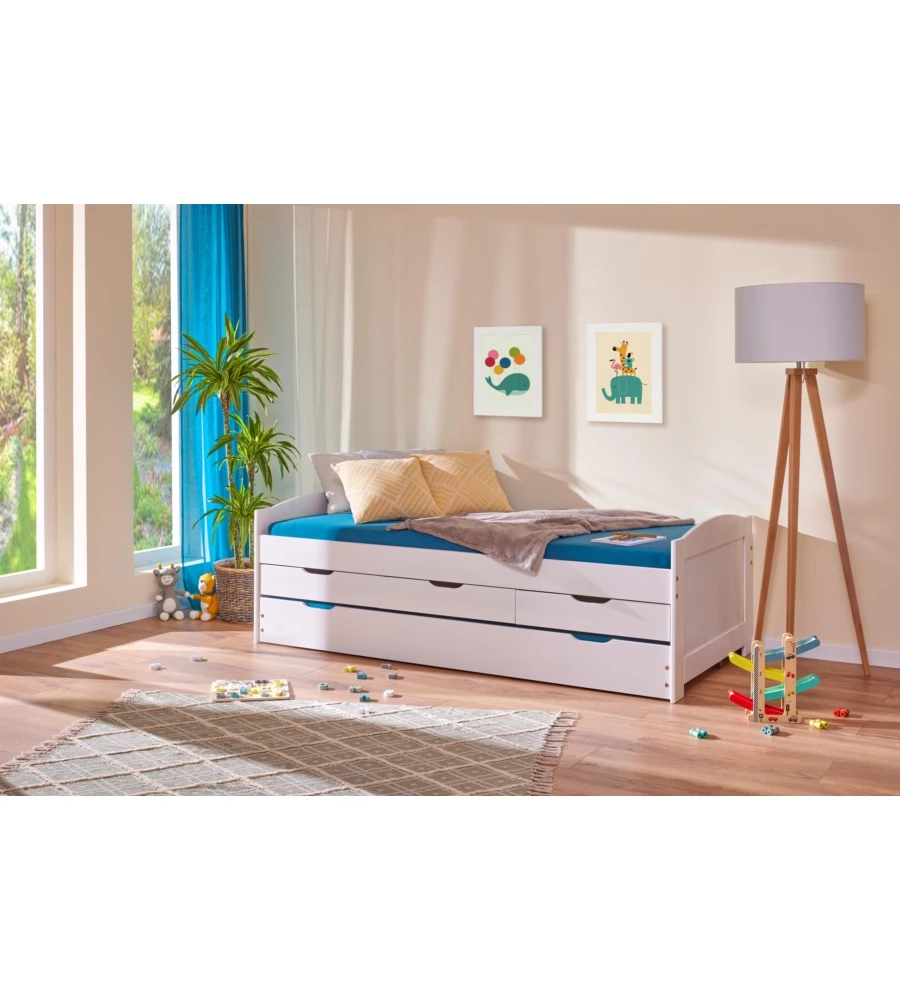 LETTO SINGOLO CON CASSETTI E CONTENITORE IN PINO MASSELLO 98X195X63 CM