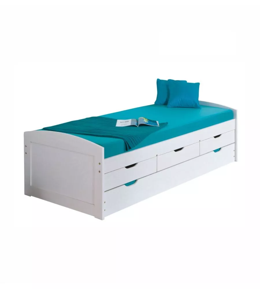 LETTO SINGOLO CON CASSETTI E CONTENITORE IN PINO MASSELLO 98X195X63 CM