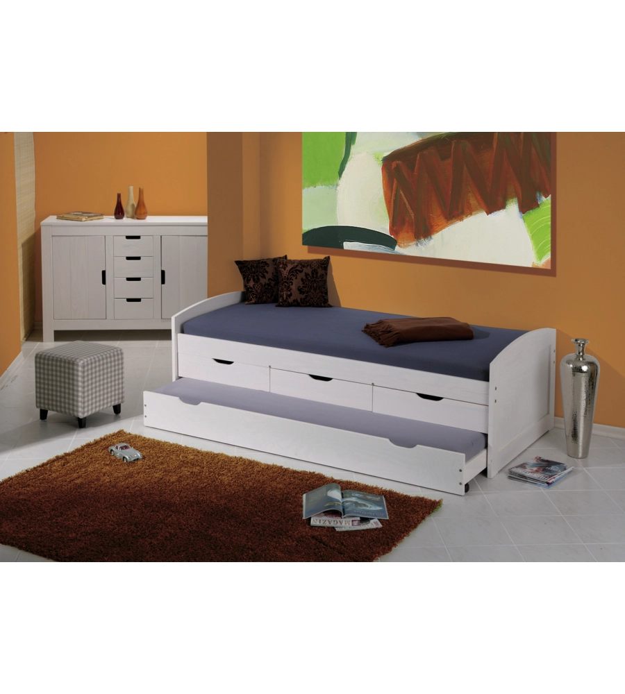 LETTO SINGOLO CON CASSETTI E CONTENITORE IN PINO MASSELLO 98X195X63 CM