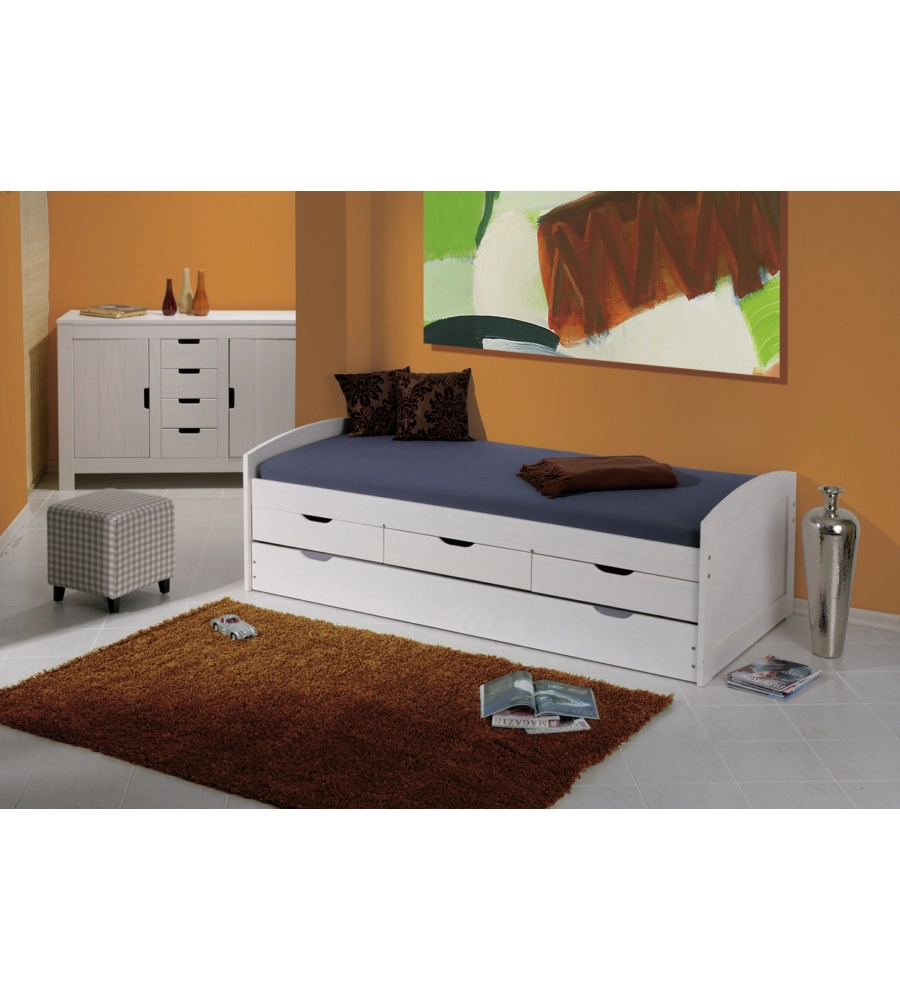 LETTO SINGOLO CON CASSETTI E CONTENITORE IN PINO MASSELLO 98X195X63 CM