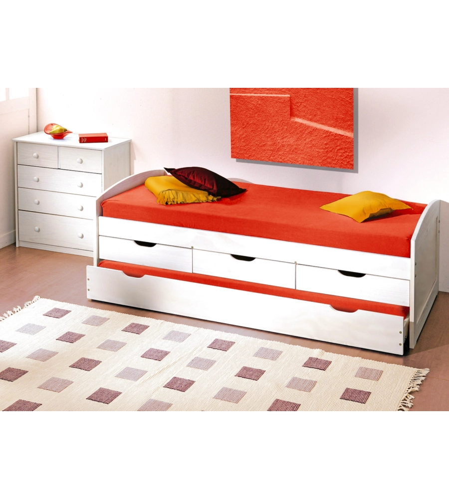 LETTO SINGOLO CON CASSETTI E CONTENITORE IN PINO MASSELLO 98X195X63 CM