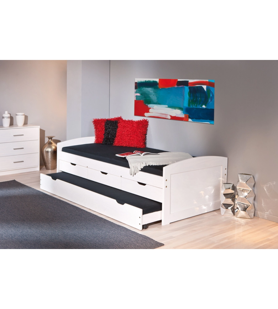 LETTO SINGOLO CON CASSETTI E CONTENITORE IN PINO MASSELLO 98X195X63 CM