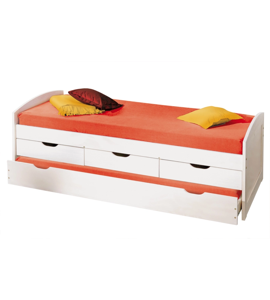 LETTO SINGOLO CON CASSETTI E CONTENITORE IN PINO MASSELLO 98X195X63 CM
