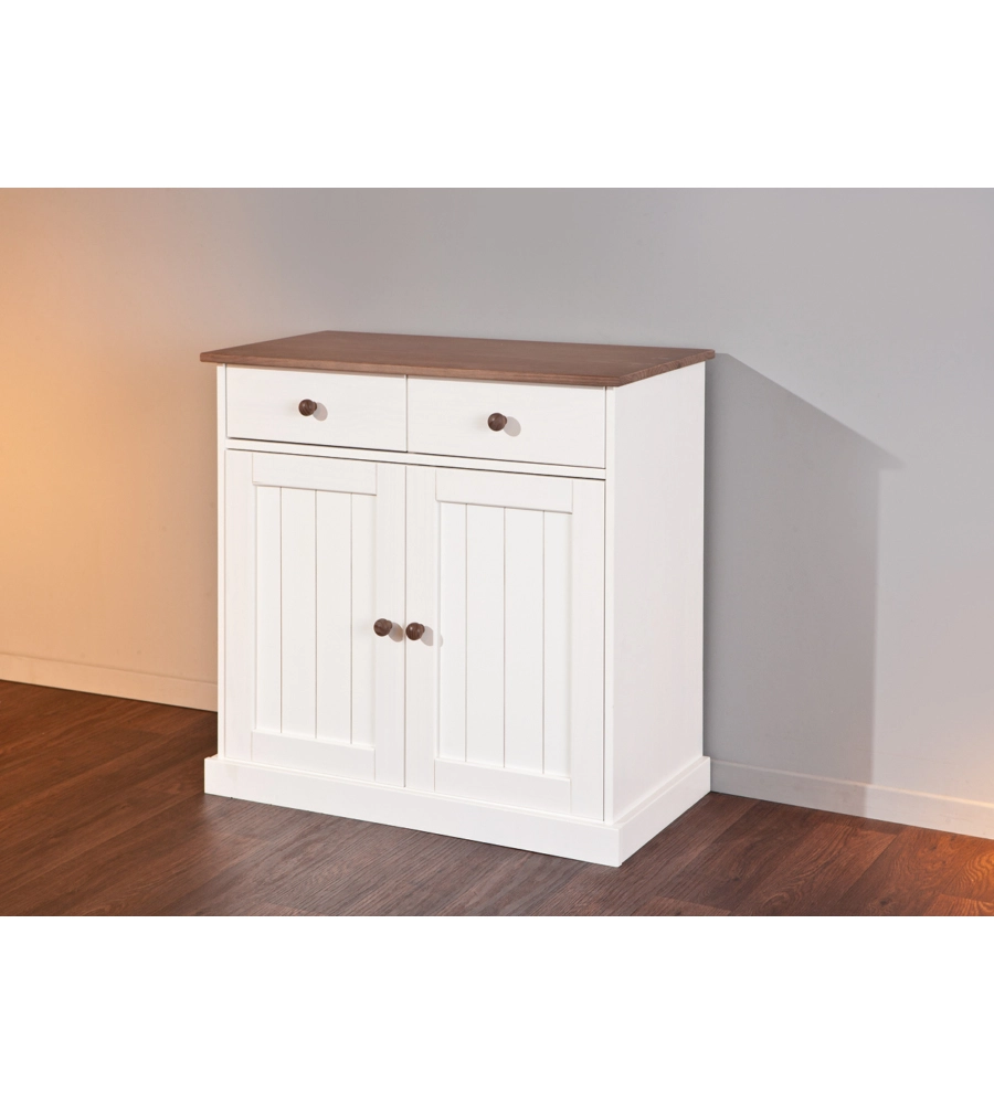 BUFFET CON 2 ANTE E 2 CASSETTI IN PINO MASSELLO BIANCO + TOP MARRONE  DIM. 90x45x86H