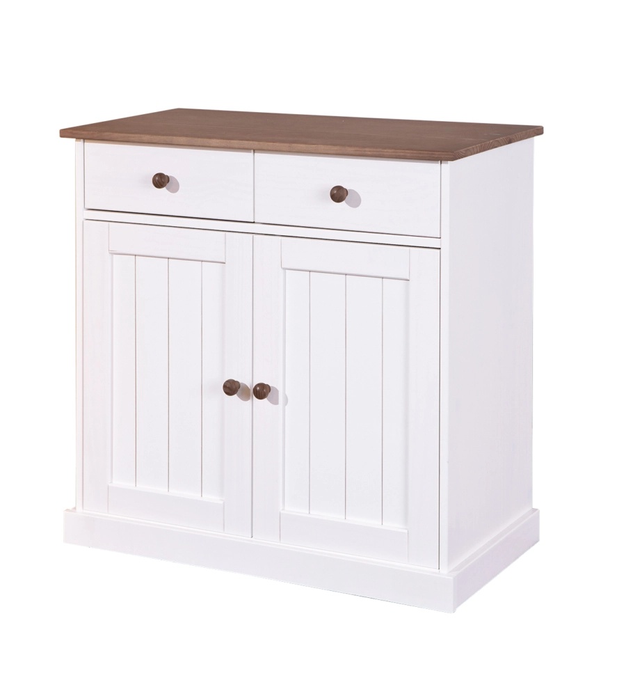 BUFFET CON 2 ANTE E 2 CASSETTI IN PINO MASSELLO BIANCO + TOP MARRONE  DIM. 90x45x86H