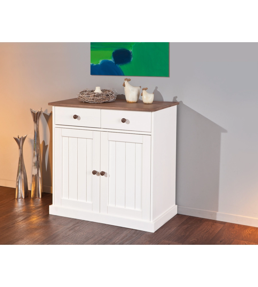 BUFFET CON 2 ANTE E 2 CASSETTI IN PINO MASSELLO BIANCO + TOP MARRONE  DIM. 90x45x86H