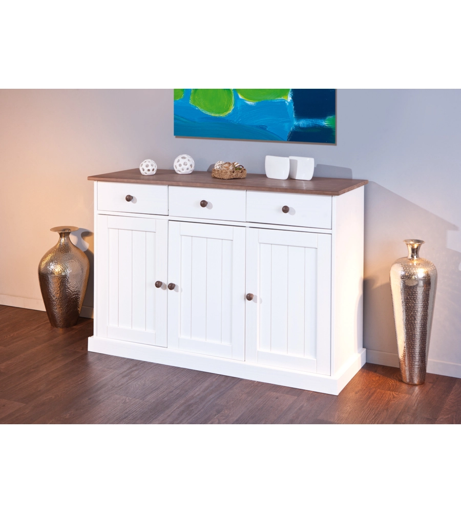 BUFFET CON 3 ANTE E 3CASSETTI IN PINO BIANCO + TOP E FINITURE MARRONE DIM. 131x45x86H.